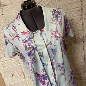 Vintage Blue Purple Pink Floral 70's Secretary Blouse Small